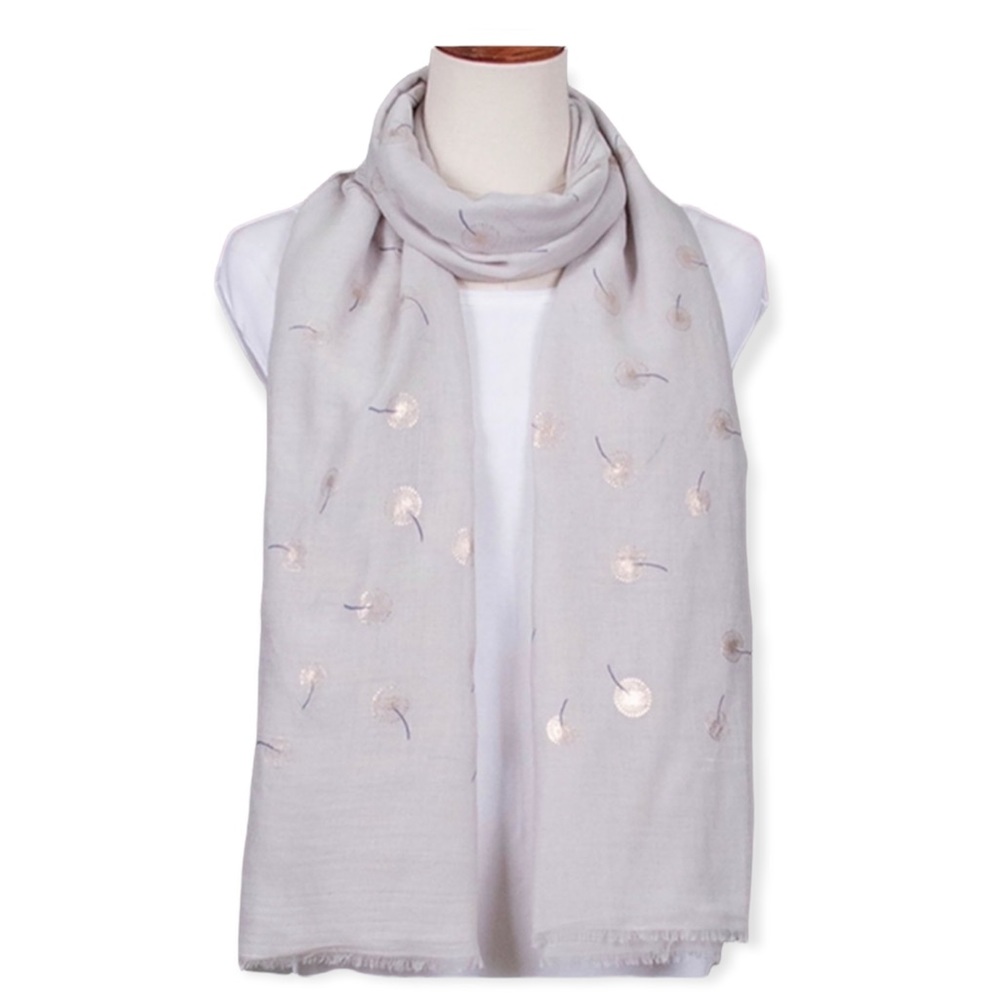 Cherie Bliss scarf metallic gold dandelion print light grey NWT